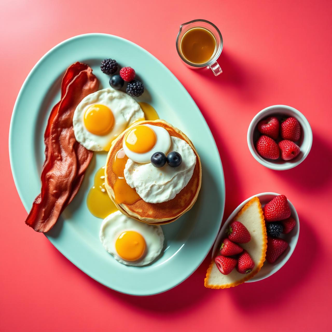 Diner breakfast plate with pancakes, eggs and bacon